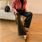 WANXO red retro vegan leather pants new high waist wide leg pants casual straight mopping trousers- Liliana