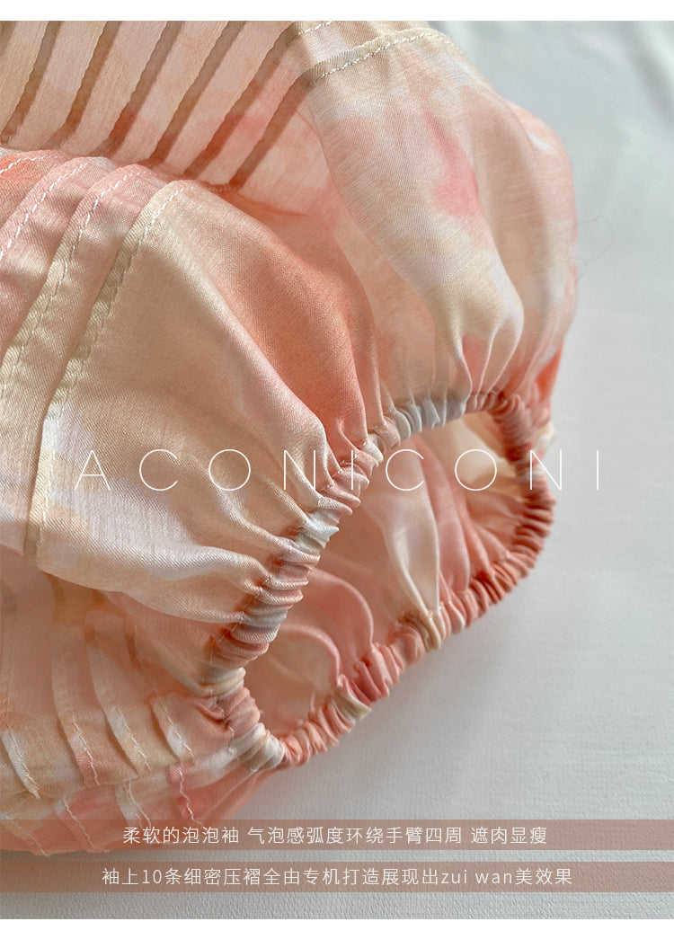 Aconiconi｜Romantic elegant French puff sleeve off-shoulder high-end midi dress - Flower Moon