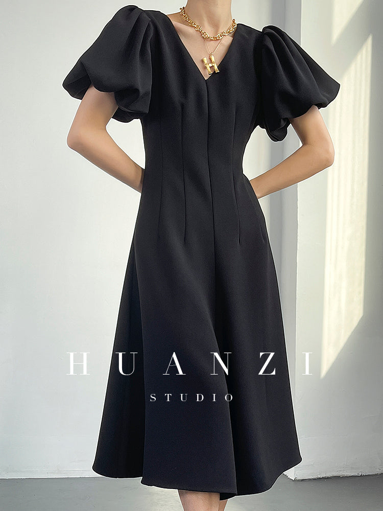 HUANZI summer V-neck dress midi puff sleeves French waist A-line dress - Narai