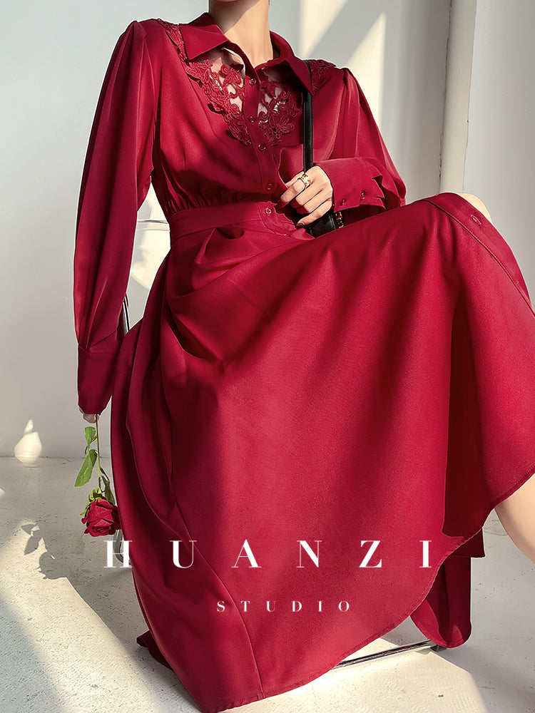 Huanzi custom embroidery hollow lace square collar red sexy midi dress - Buoem