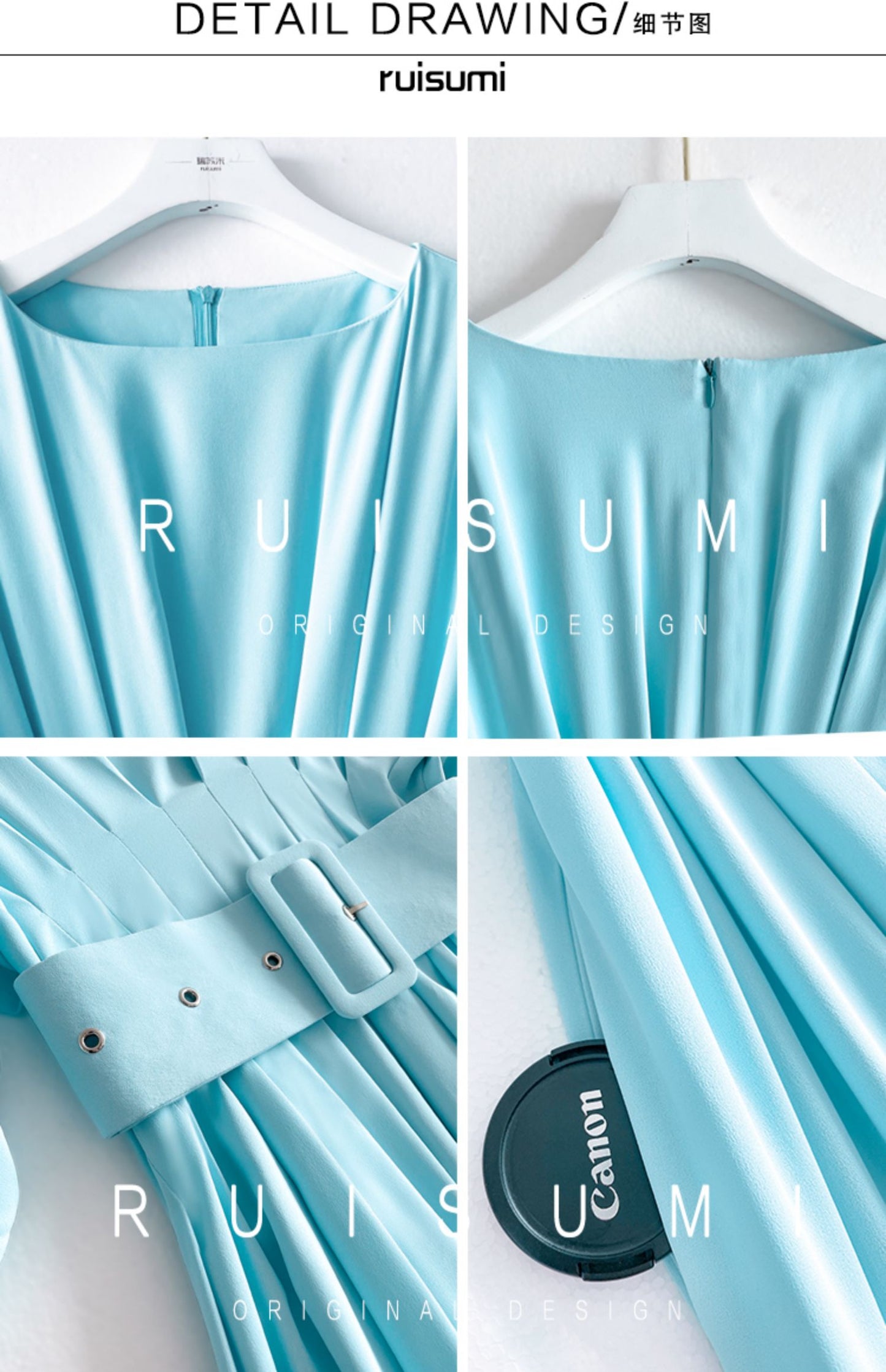 Summer ice blue pleated waist lantern bat sleeve elegant dress - Vios