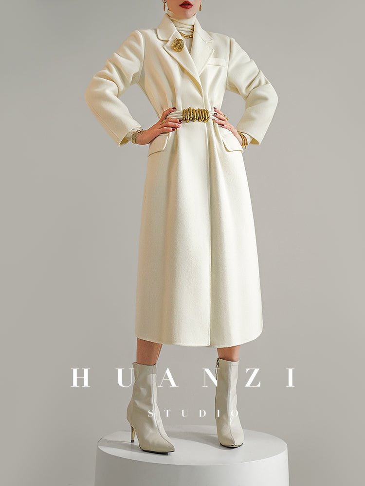 Huanzi high-definition wool pure hand-sewn double-sided woolen mid-length coat- Randy