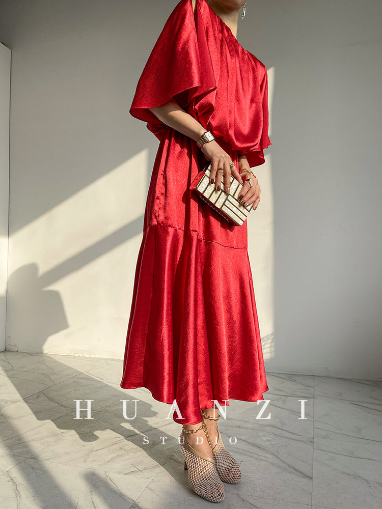 HUANZI custom designer acetic loose short-sleeved silky elegant dress -Leila Sea
