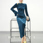 Huanzi new elegant slanted collar acetate velvet waist slit dress mid-length female- Eli