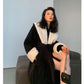 High end Contrast color large lapel bathrobe-style long coat loose winter spring woolen coat - Gulla Black