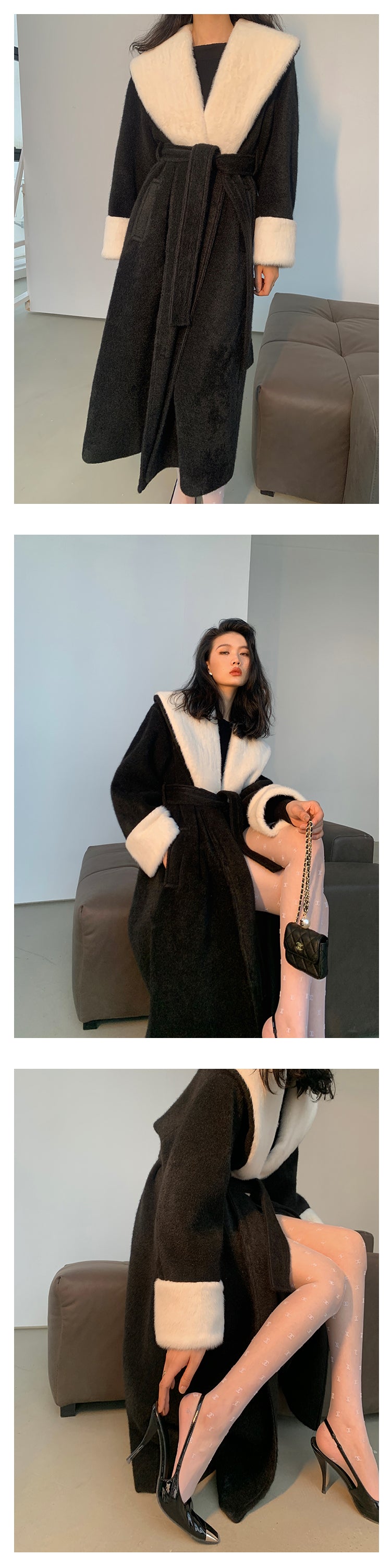 High end Contrast color large lapel bathrobe-style long coat loose winter spring woolen coat - Gulla Black