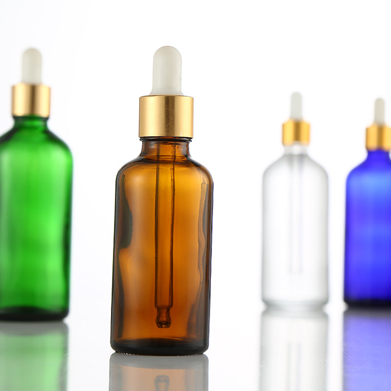 Transparent blue, green dark essential oil empty essence serum cosmetics gold dropper bottle