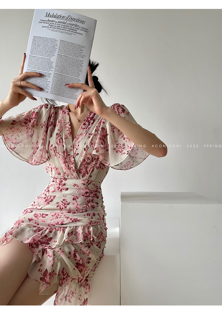 Aconiconi｜French retro print fishtail ruffle dress - Nioe short