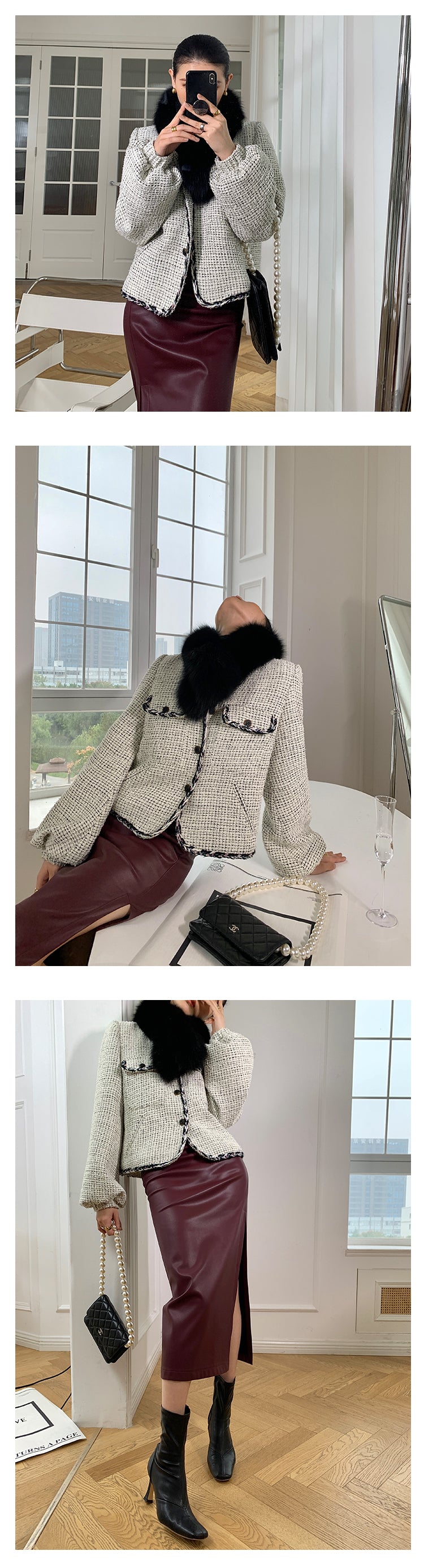 High end luxury thick quilted lock edge contrast short coat high waist wide leg pants suit -Oliiet