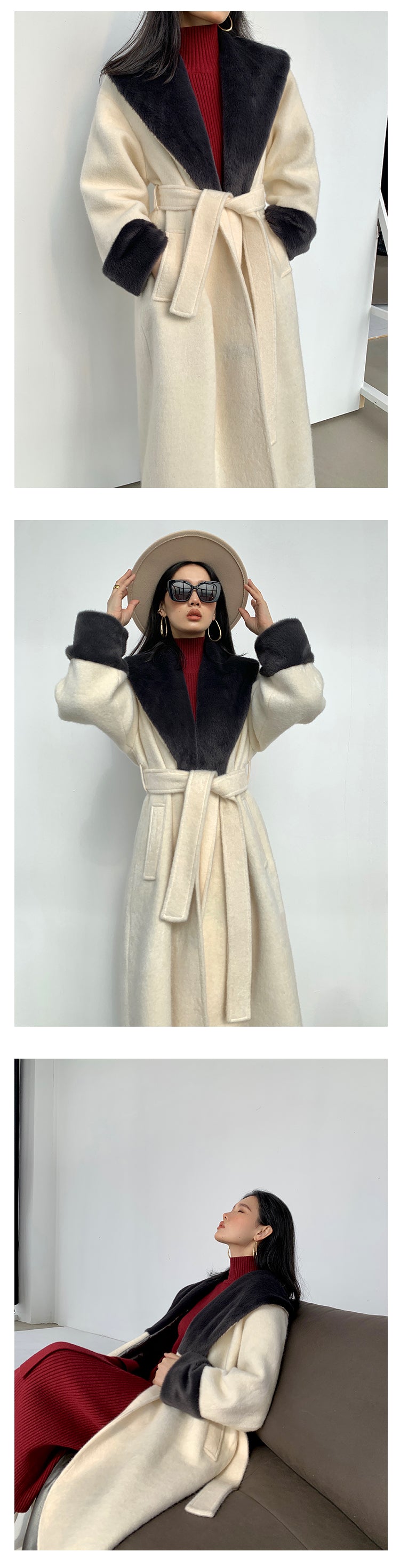 High end Contrast color large lapel bathrobe-style long coat loose winter spring woolen coat - Gulla