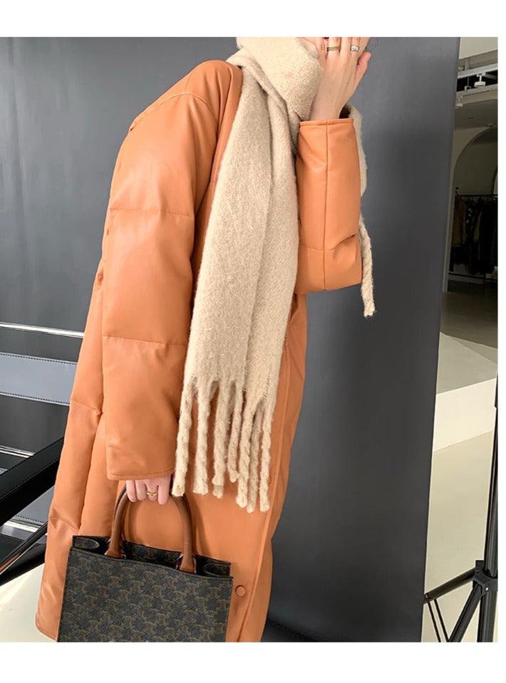 PU Leather long plus down jacket coat - Kabara Orange Sunset