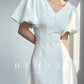 HUANZI summer V-neck dress midi puff sleeves French waist A-line dress - Narai