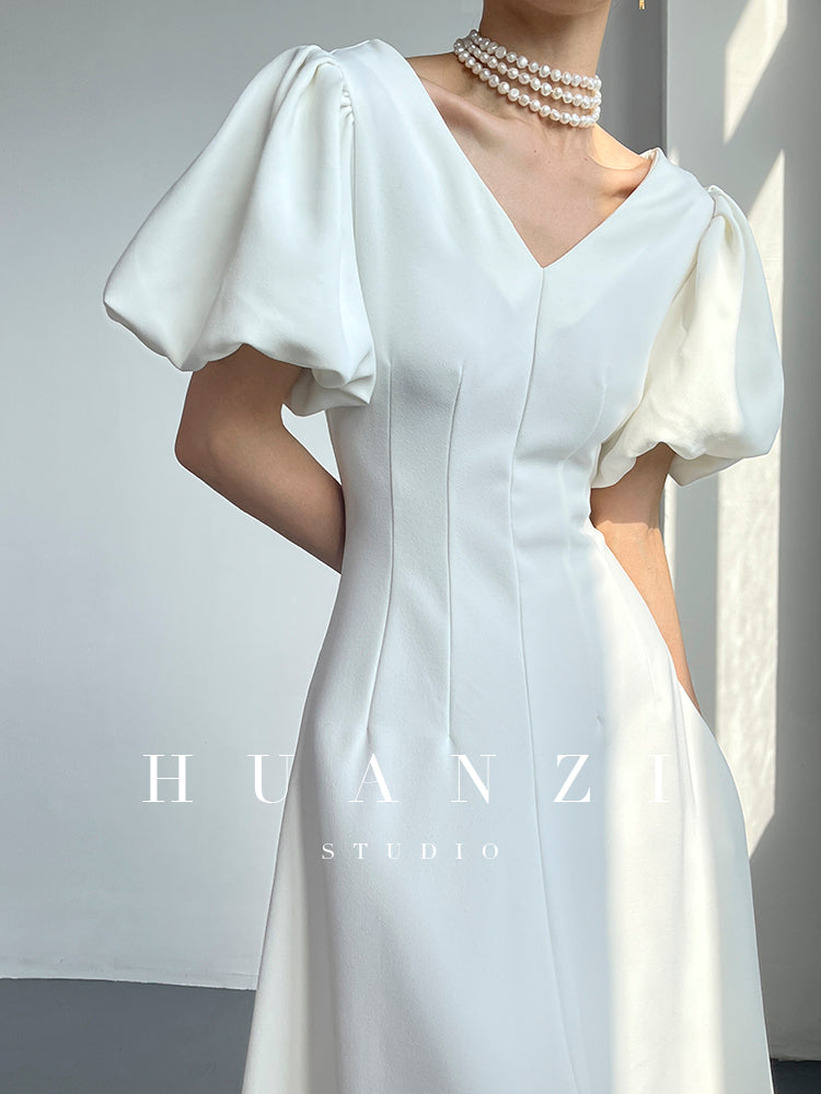 HUANZI summer V-neck dress midi puff sleeves French waist A-line dress - Narai