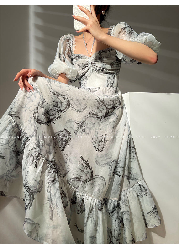 Aconiconi｜ high-end French ink print waist long dress - Frost