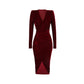 Retro wine red V-neck pleated slit dress red velvet annual meeting dress skirt- Rose
