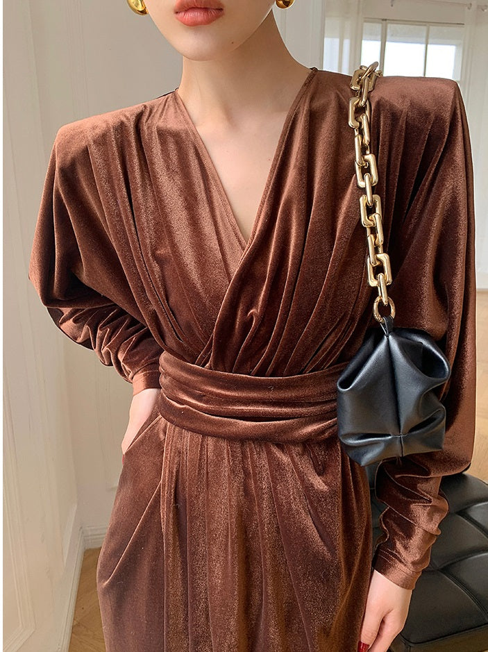 Brown  WANXO French red pleated velvet dress new gold-like waist bottoming skirt- Winny