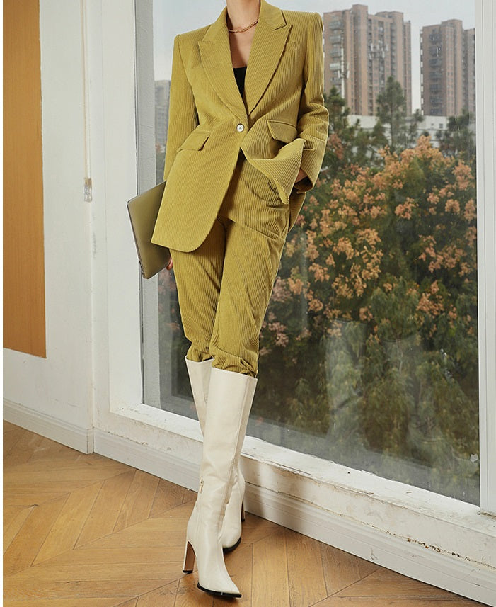 Green WANXO retro corduroy two-piece suit new suit jacket high waist casual wide leg pants- Orfara