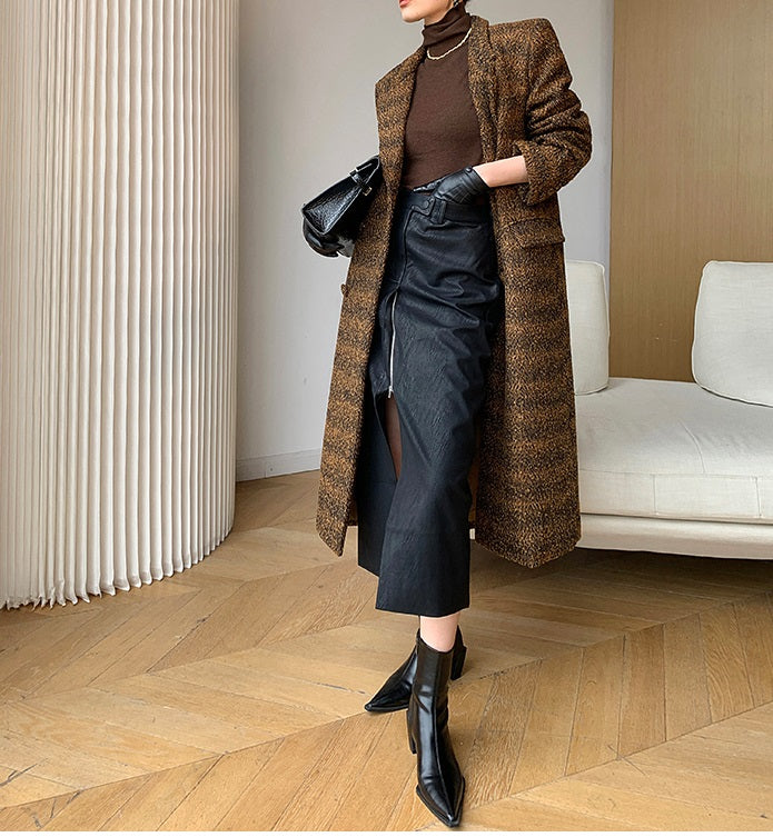 Brown WANXO coffee color herringbone quilted woolen coat new mid-length suit coat- Passion