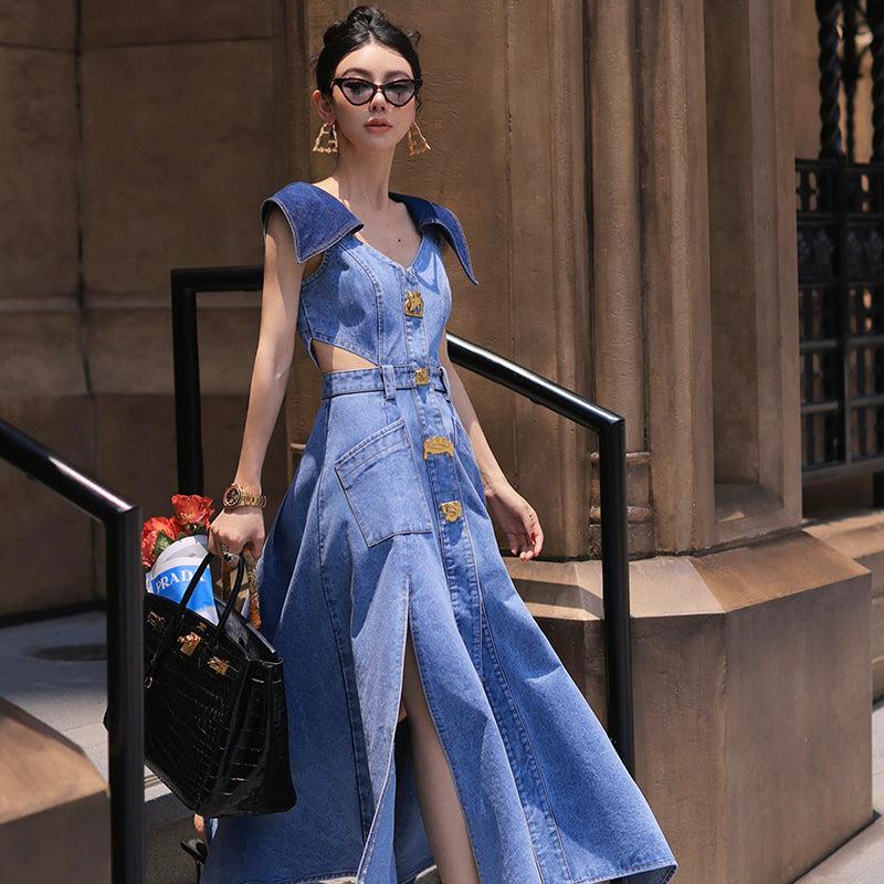 Elegant denim large lapel collar, cut-out waist summer slit long jean denim dress