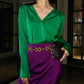 Retro jewel green V-neck shirt top + pencil slit pleated purple skirt suit set - Natu
