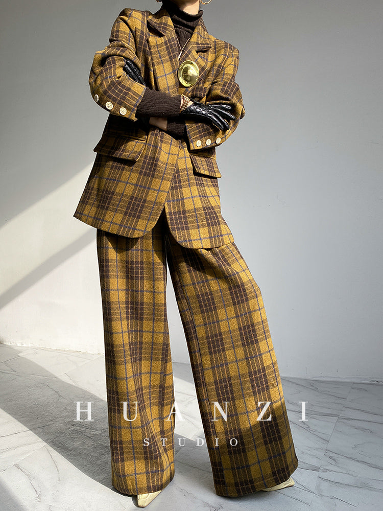 Highend quality retro plaid woolen wide-leg pants trouser jacket suit  two-piece set - Sabawa