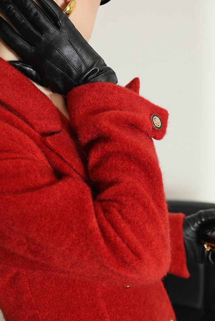 WANXO French red Hepburn style woolen coat new waist and thin long woolen coat- Crissy