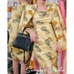 Yellow print jacquard Chinese inspired style high-end retro button coat & jacket two piece suit set - Chile