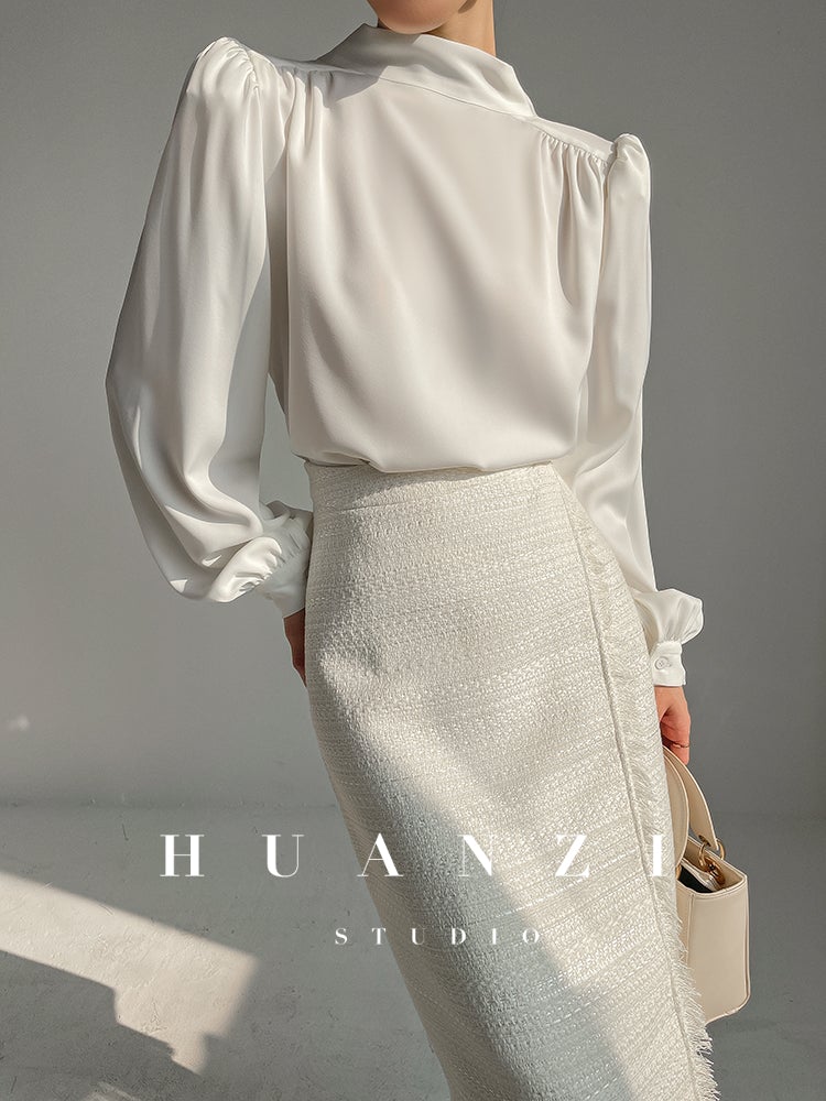 Huanzi new puff sleeves silk satin shirts top blouse - Oitr