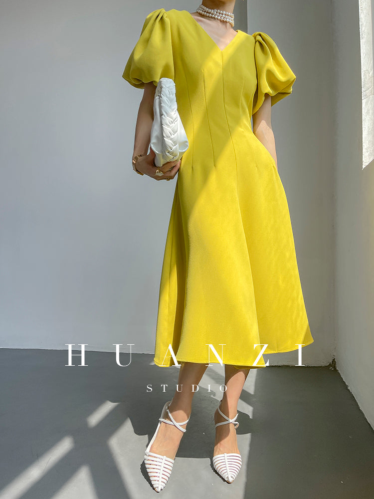 HUANZI summer V-neck dress midi puff sleeves French waist A-line dress - Narai
