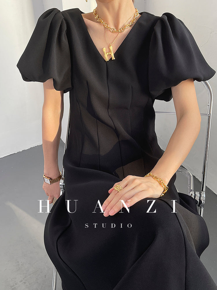 HUANZI summer V-neck dress midi puff sleeves French waist A-line dress - Narai