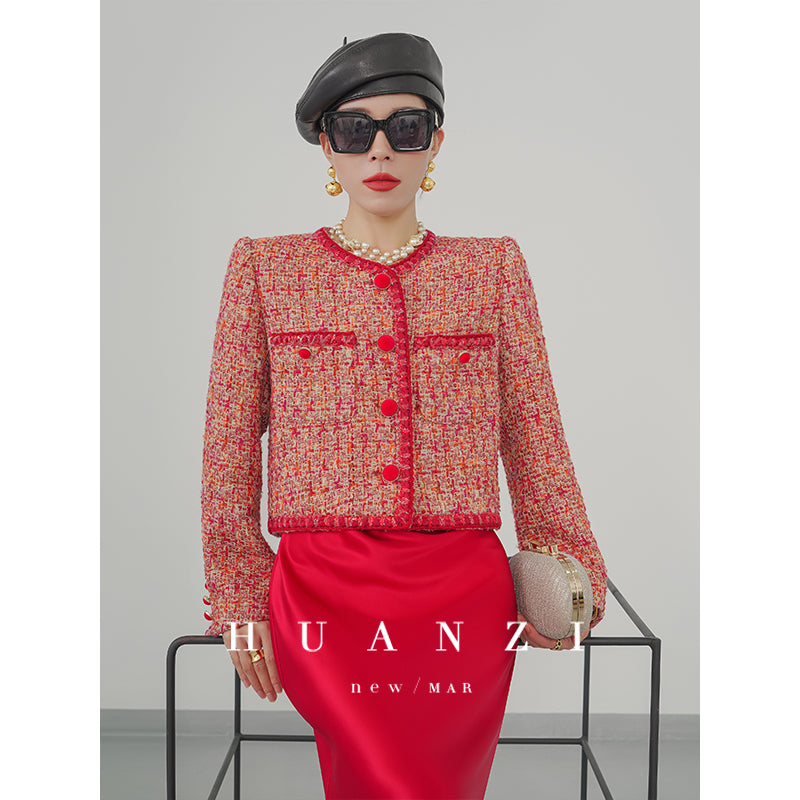 Huanzi custom 2022 autumn and winter new high-definition handmade red tweed temperament lady style small fragrant wind jacket female