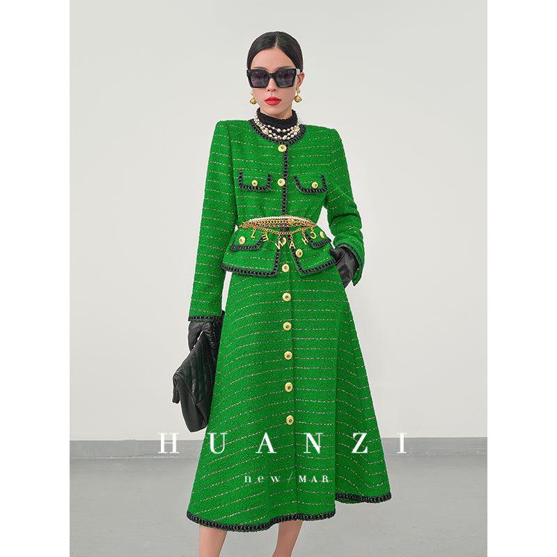 Huanzi  tweed wool small suit autumn and winter new green short coat suit set- Lilibeth
