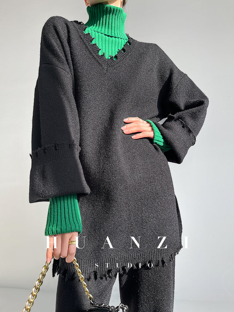 High end pile collar knitted turtleneck sweater -Sulia Painting Green