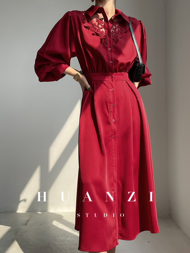 Huanzi custom embroidery hollow lace square collar red sexy midi dress - Buoem