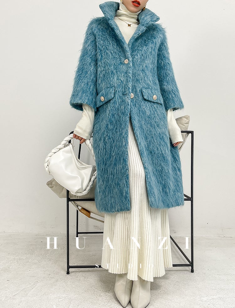 Huanzi custom high-luxury retro French medieval style mid-length mohair woolen coat suit jacket -Waeo Blue