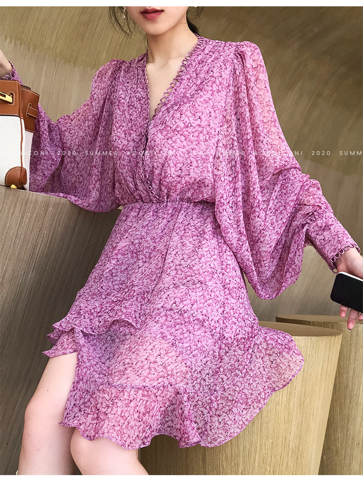 Aconiconi｜French style elegant printed floral chiffon summer dress - Nikol