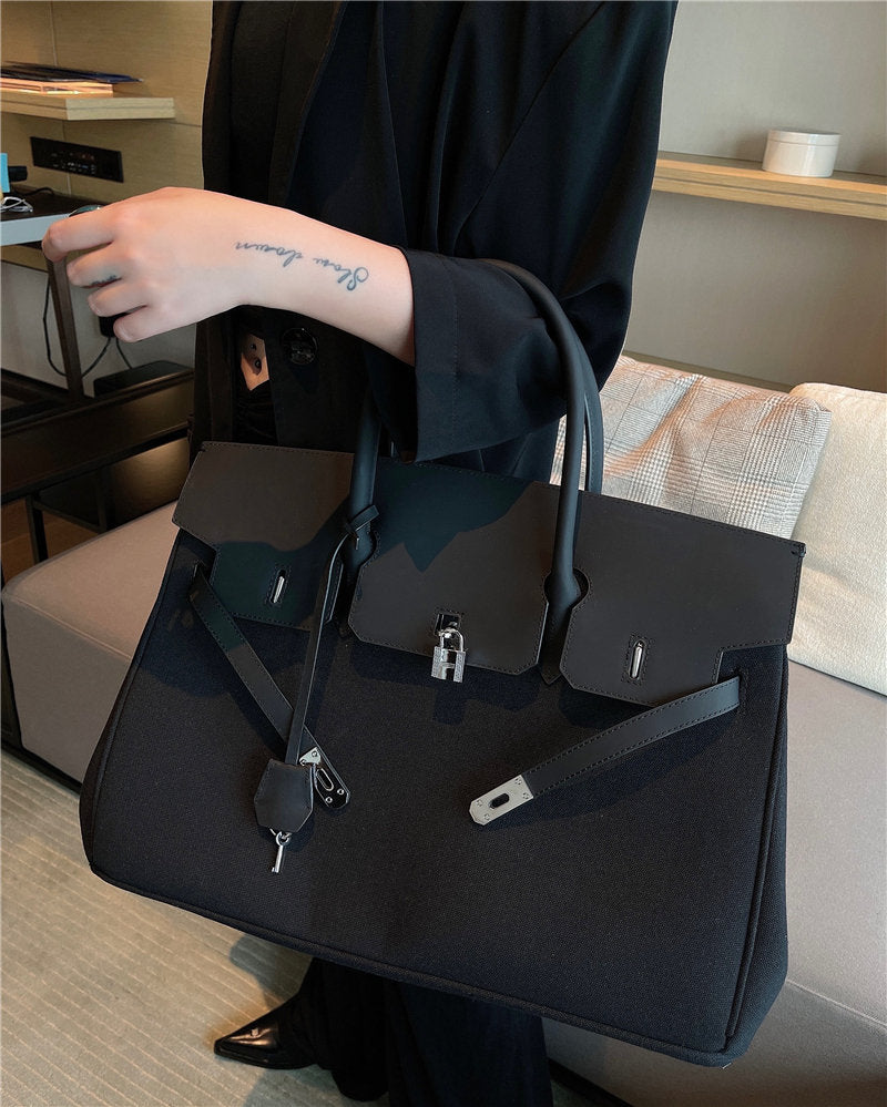 Retro birkin inspired handmade Nubuck Leather cover black canvas tote leather buckle men/women's weekender travel overnight weekend handbag