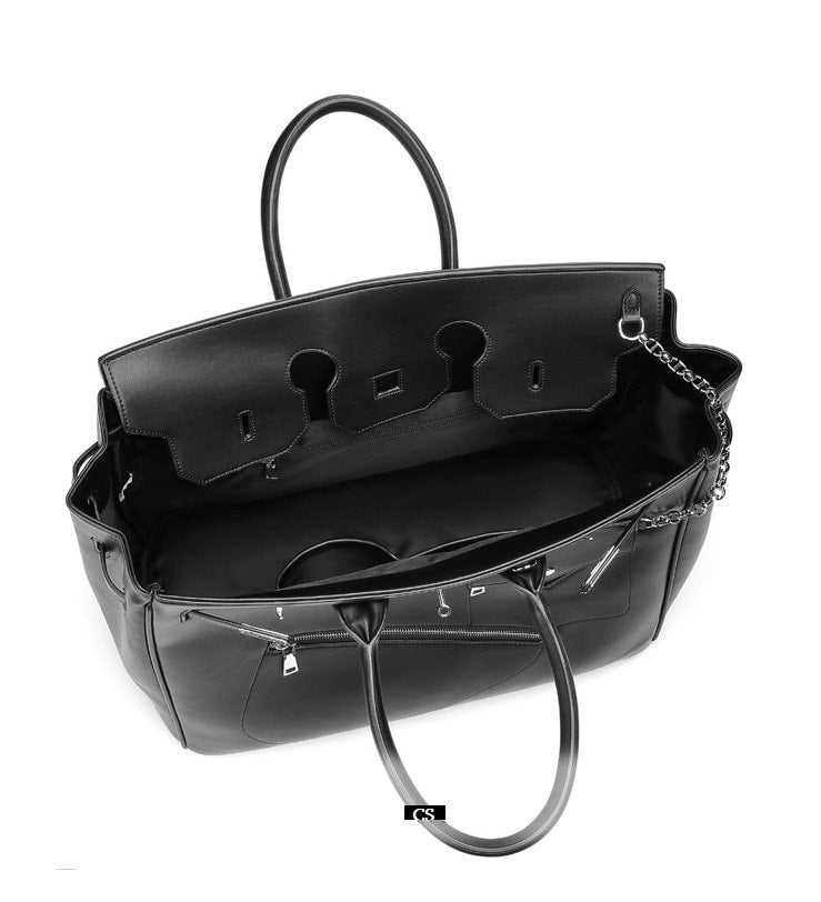 Retro birkin inspired handmade PU Leather Black tote buckle men/women's weekender travel overnight weekend handbag